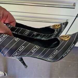 Balenciaga Black and Gold Logo Heels
